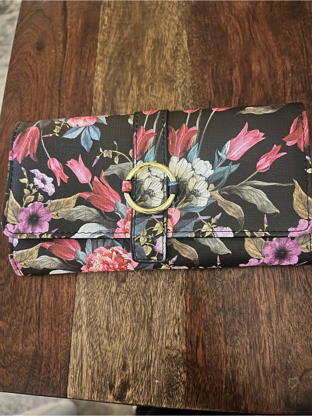 Floral Black Leather-Textured Clutch Wallet with Gold Ring Accent